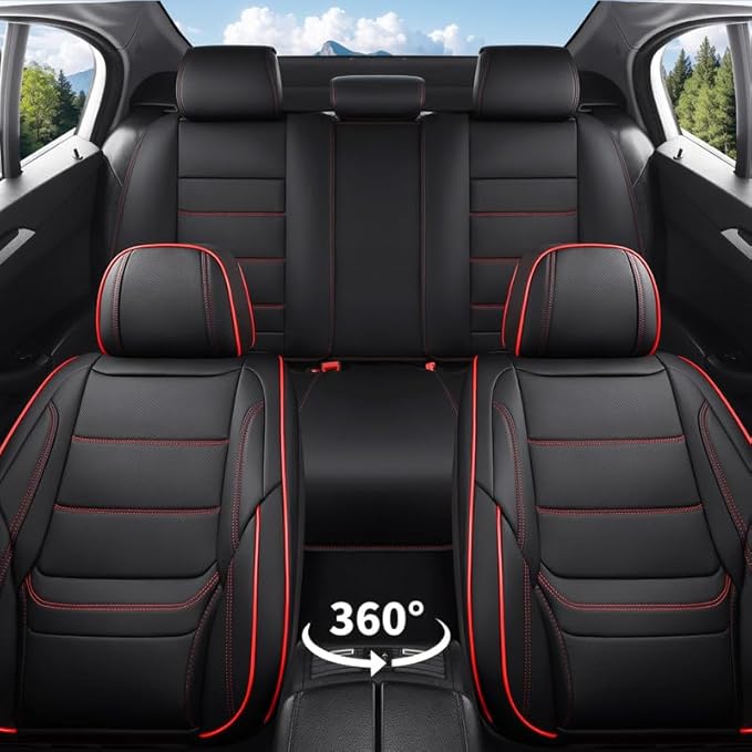 Car Seat Covers Full Set Custom Fit for Mercury Milan 2006-2011-Luxury Leather with Lumbar Support, Breathable, Waterproof, Anti-Slip, Durable, Easy to Install (Black&Red,Full Set)