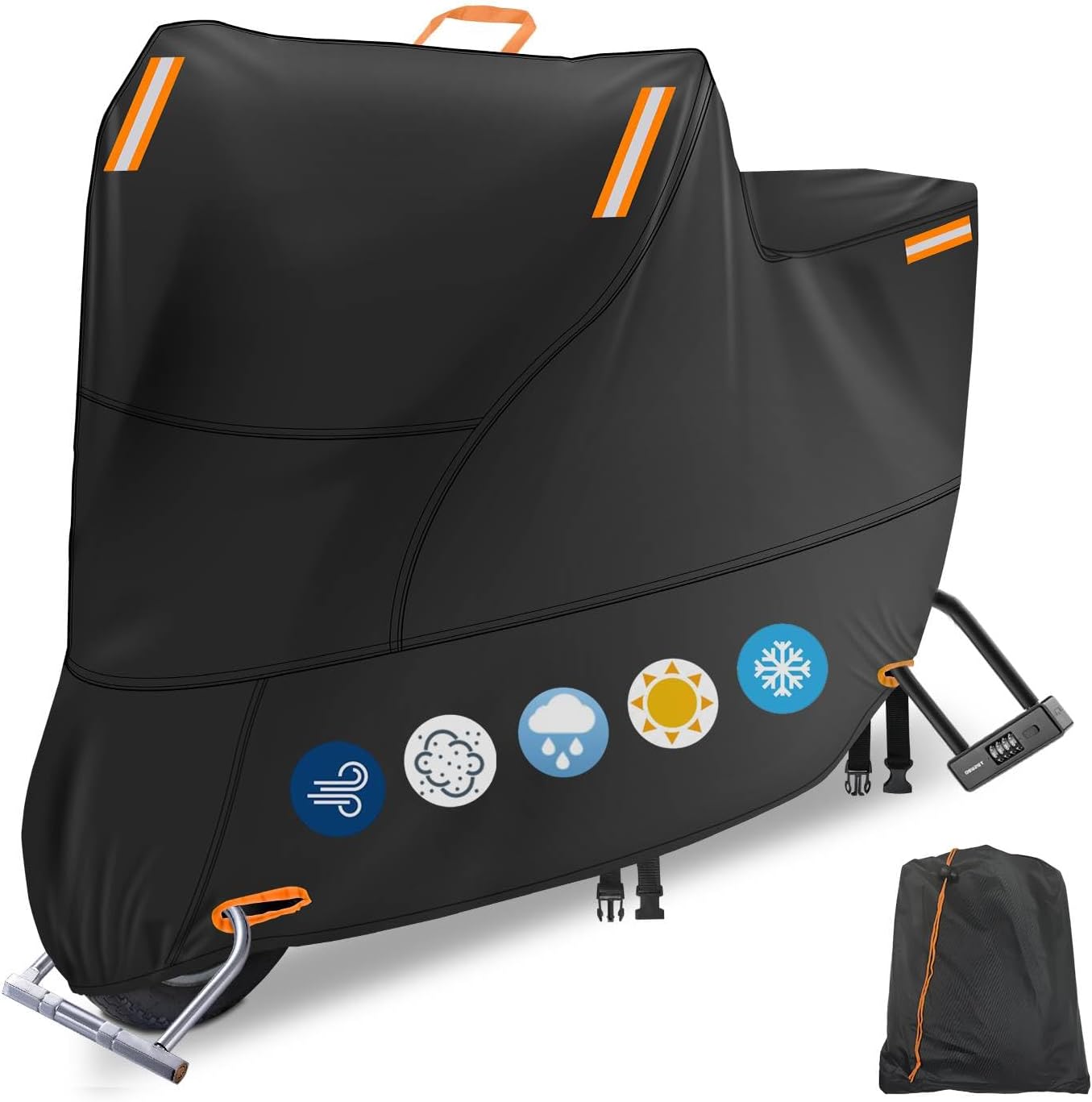 Motorbike Cover Waterproof Outdoor, Motorcycle Scooter Moped Cover Sun Rain Dust Protection with 4 Reflective Strips and 2 Windproof Buckles, 2 Lock-Holes for Cruisers Sportbikes (1XL: 91x37x49 inch)