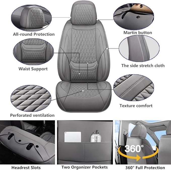 Car Seat Covers Full Set Custom Fit for Ford Fusion 2007-2020 - Premium Faux Leather with Lumbar Support | Breathable, Waterproof, Anti-Slip, Durable (Gray,Full Set)