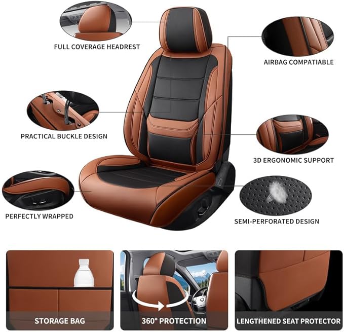 Car Seat Covers Full Set Custom Fit for Ford Focus 2000-2018-Luxury Leather with Lumbar Support, Breathable, Waterproof, Anti-Slip, Durable, Easy to Install (BlackBrown,Full Set)