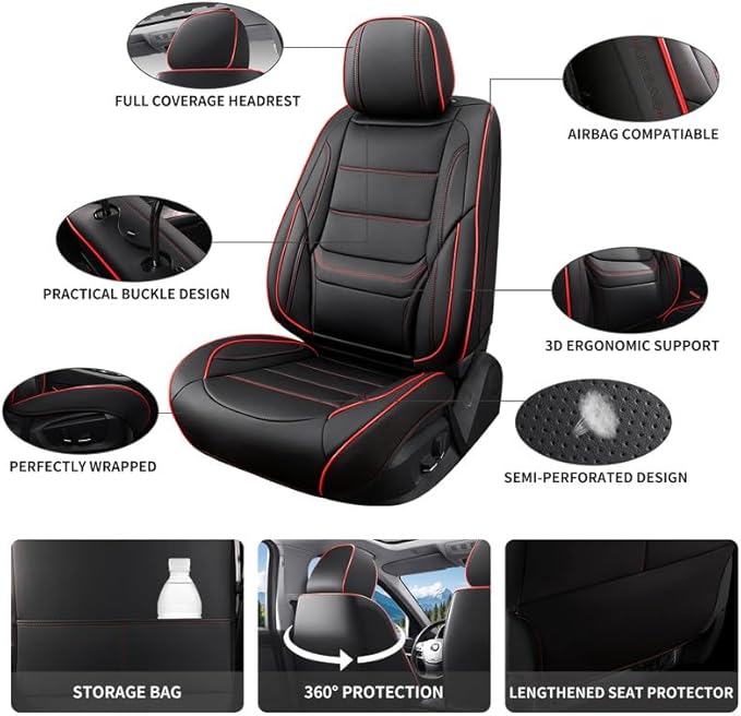 Car Seat Covers Full Set Custom Fit for Buick Envision 2016-2026-Luxury Leather with Lumbar Support, Breathable, Waterproof, Anti-Slip, Durable, Easy to Install (Black&Red,Full Set)