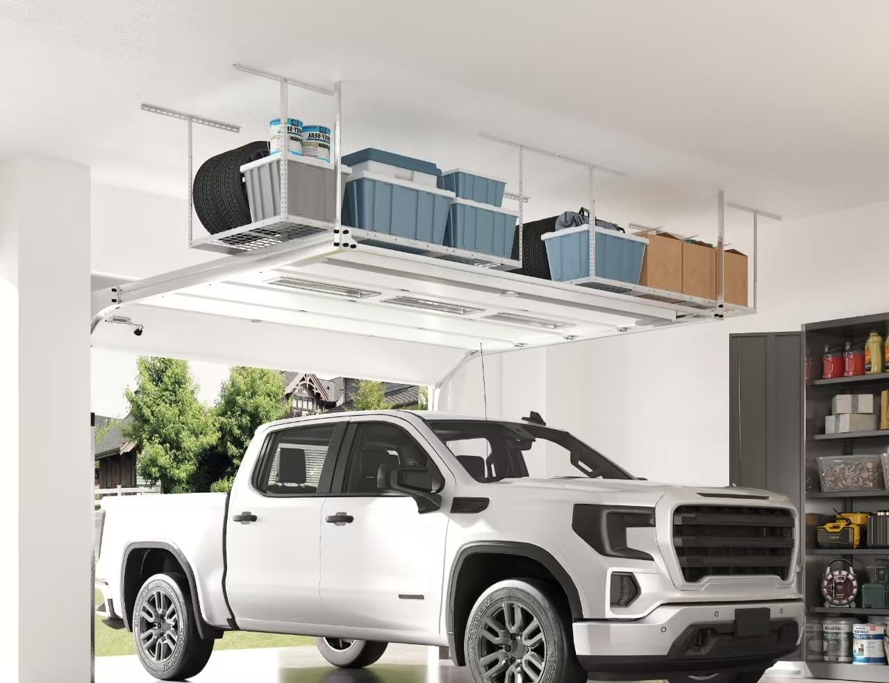 FLEXIMOUNTS 3x6 Overhead Garage Storage Adjustable Ceiling Rack 72" Length x 36" Width x 40" Height, 450lbs Weight Capacity, White