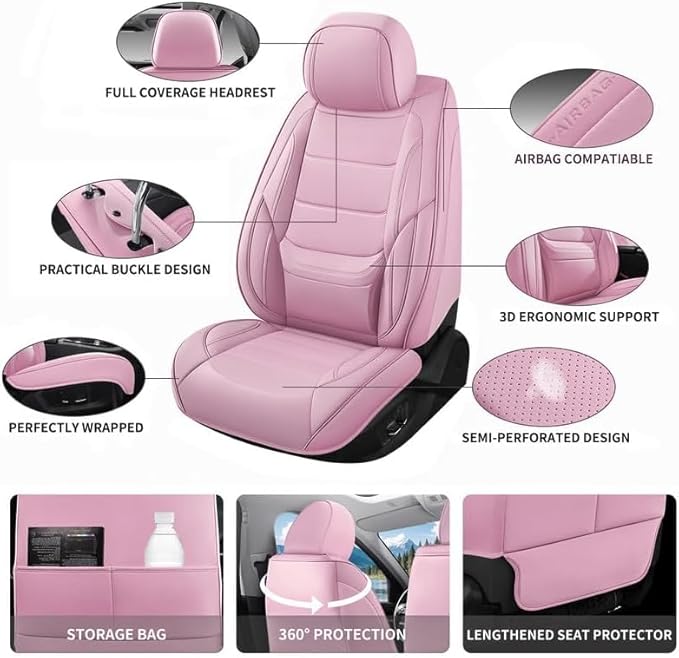Car Seat Covers Full Set fit for Chevrolet/Chevy HHR 2006-2011 , Premium Faux Leather Waterproof Car Seat Protectors with Lumbar Support, Breathable Anti-Slip Auto Seat Covers Full Set(Pink,Full set)