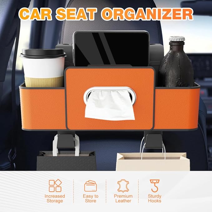 Back Seat Car Organizer,3 in 1 Car Backseat Storage Box with Cup Holder,Tissue Box,Trash Bin&Hooks,Multifunctional Waterproof Storage for Hold Phones Snacks Drinks Handbags (1, White+Black)