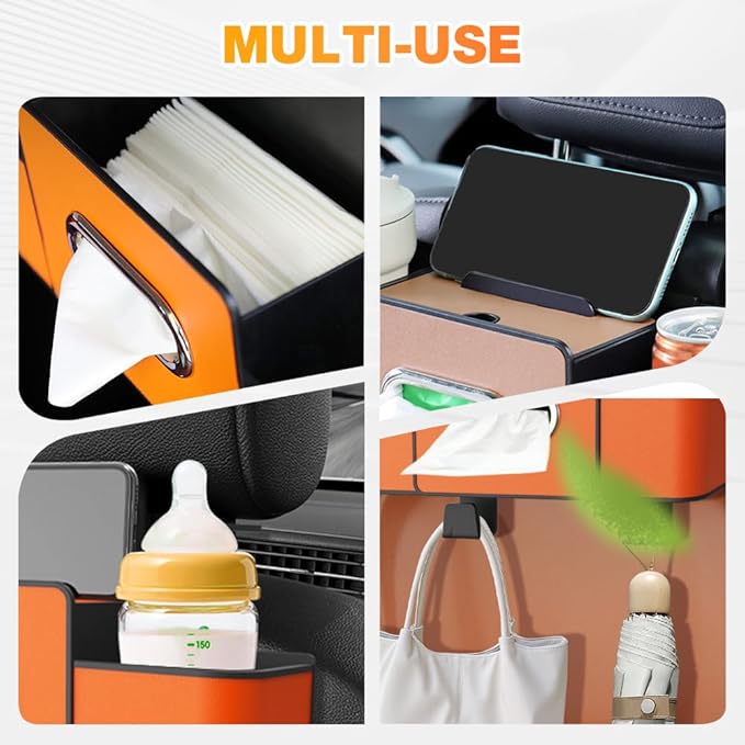 Back Seat Car Organizer,3 in 1 Car Backseat Storage Box with Cup Holder,Tissue Box,Trash Bin&Hooks,Multifunctional Waterproof Storage for Hold Phones Snacks Drinks Handbags (1, Brown+White)