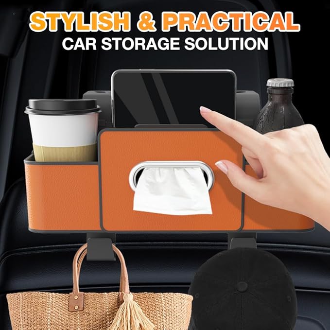 Back Seat Car Organizer,3 in 1 Car Backseat Storage Box with Cup Holder,Tissue Box,Trash Bin&Hooks,Multifunctional Waterproof Storage for Hold Phones Snacks Drinks Handbags (1, Black)