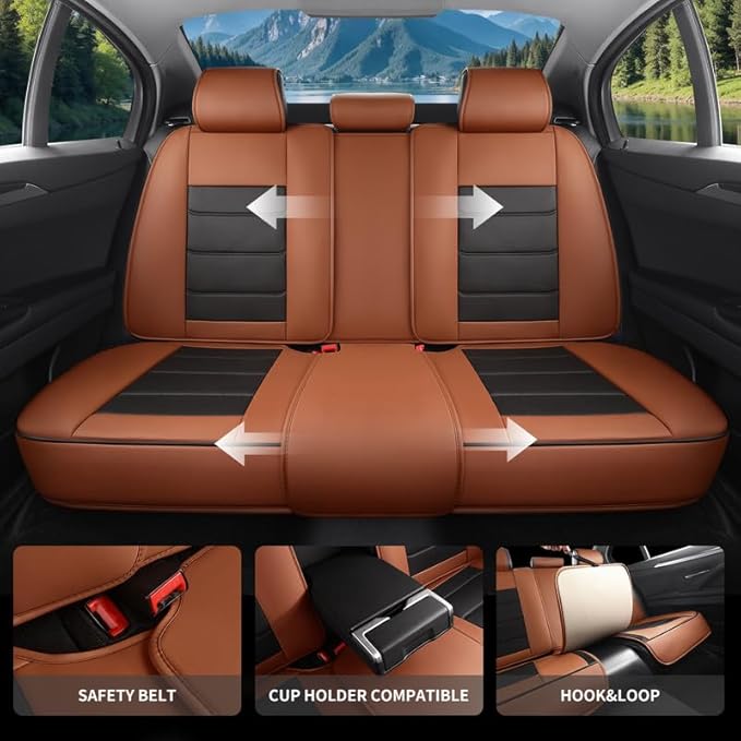 Car Seat Covers Full Set Custom Fit for Ford Fusion 2007-2020-Luxury Leather with Lumbar Support, Breathable, Waterproof, Anti-Slip, Durable, Easy to Install (BlackBrown,Full Set)