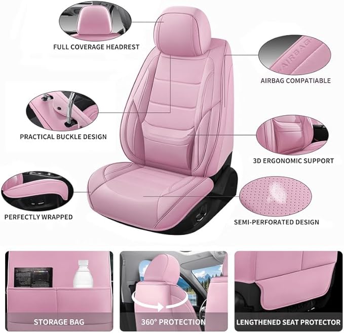 Car Seat Covers Full Set Custom Fit for Chevy Cruze 2011-2019 - Premium Leather with Lumbar Support, Breathable, Anti-Slip & Excellent Seating Experience (Pink, Full Set)