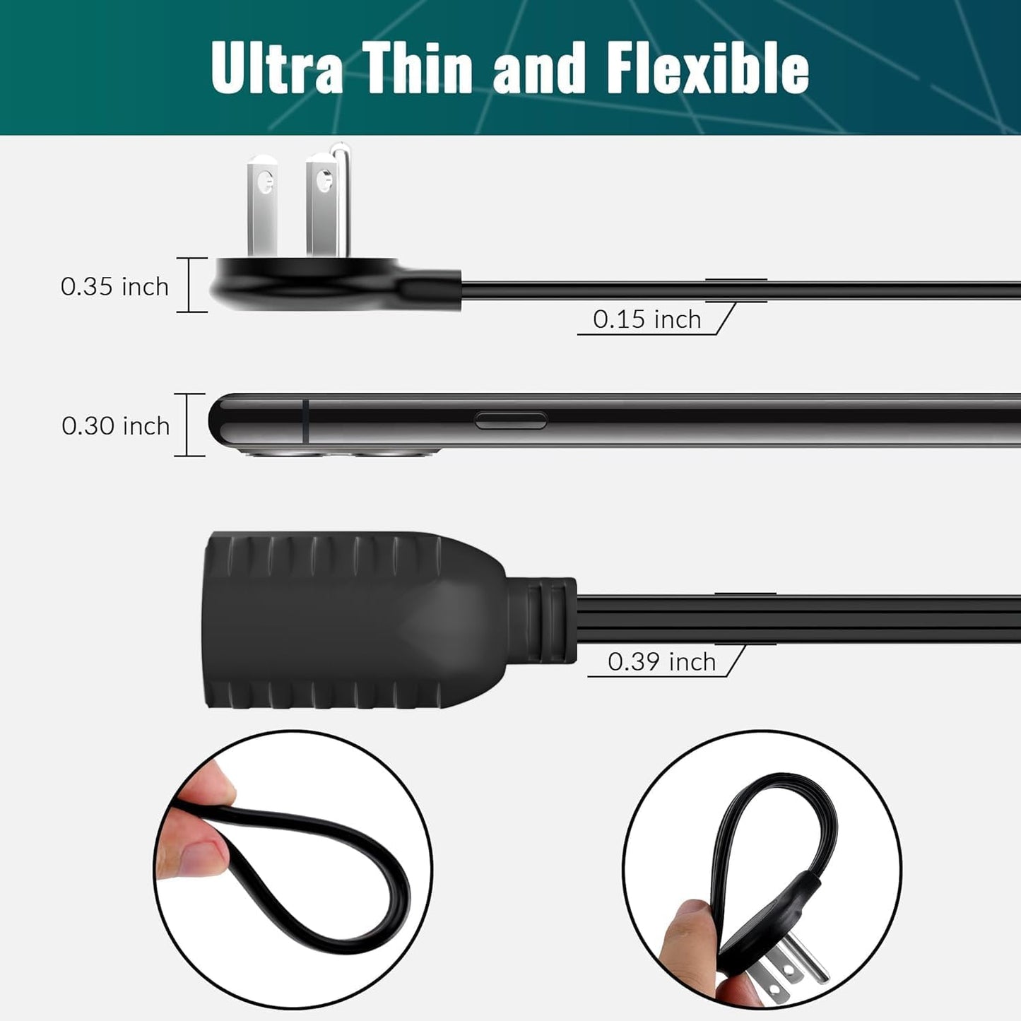 Elecan Flat Plug Extension Cord 10 Ft 2 Pack with Slim Space-Saving Plug Design, Thin Flat Cable Low Profile Power Cord 3 Prong Grounded Wire, 16 Gauge 13 A/125 V-Black-ETL Certified