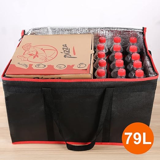 Bodaon 3-Pack Insulated Food Delivery Bag for Hot and Cold Meal, XXXL Cooler/Thermal Bags, Grocery Tote Insulation Bag for Catering, Large Pizza Warmer, Black with Red Edge