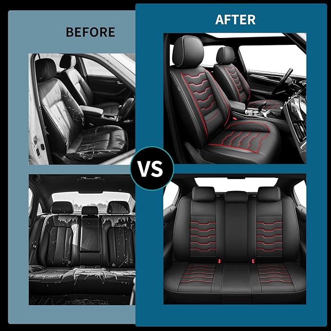 Fit Juke Car Seat Covers Compatible with Nissan Juke 2012-2015 2016 - Premium Leather，Waterproof Breathable，All-Weather Seat Cushion Protecto&Airbag Compatible (2 Front Seat Red Line Black)