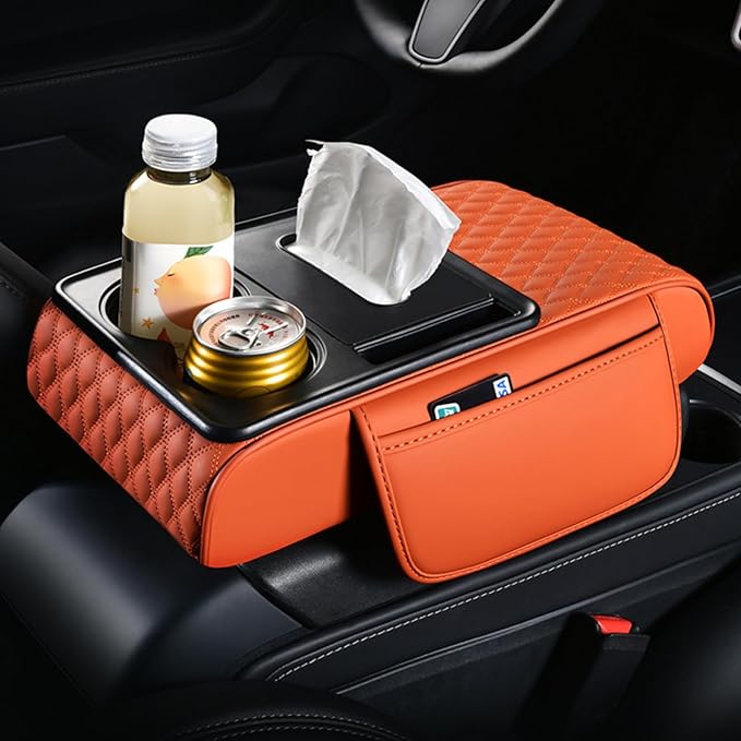 Car Center Console Armrest Pad, Arm Rest Box Cushion with Ergonomic Height Boost, Storage Pockets, Built-in Tissue Box, Cupholder, Fit for Most Sedan Vehicles (Embroidery Water Ripple, Coffee)