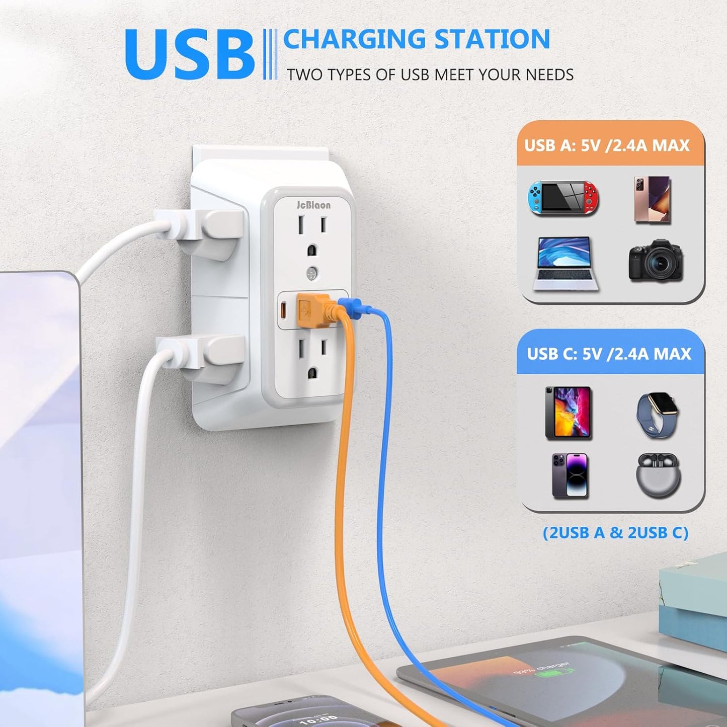 Outlet Extender Surge Protector - 6 Outlet Splitter with 4 USB Ports (2 USB C), Multiple Plug Expander Wall Charger, 3 Sided Multi Plug Wall Adapter Power Strip for Home Office Kitchen Travel