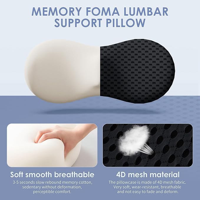 Lumbar Support Pillow, Back Pillow for Low Back Pain Relief, Ergonomic Streamline Car Seat, Office Chair, Recliner and Bed (Black)