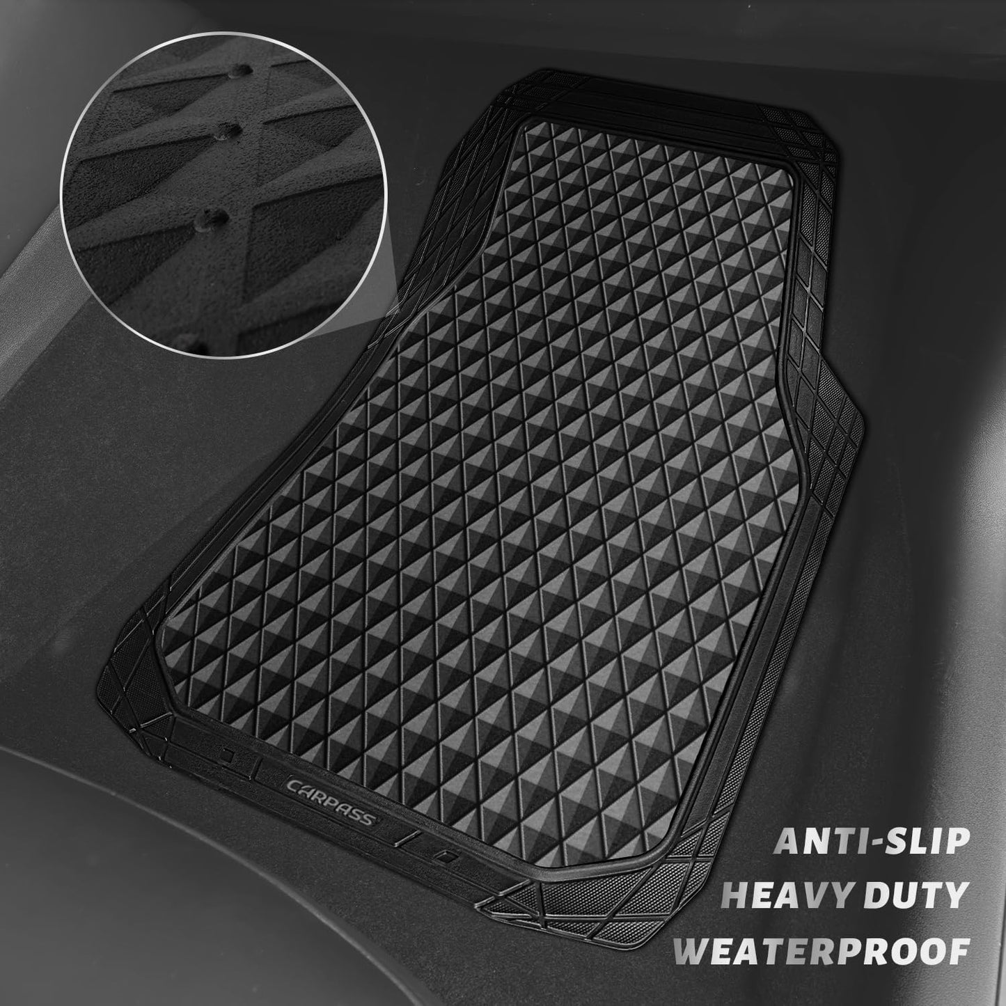 CAR PASS Black Rubber Car Mats, All-Weather Floor Mats Full Set Durable Anti-Slip 3D Rhombus Waterproof Automotive Pad Trim to Fit Liner Universal Fit for Sedan SUV Truck Van, 4 Pcs All Black Rubber