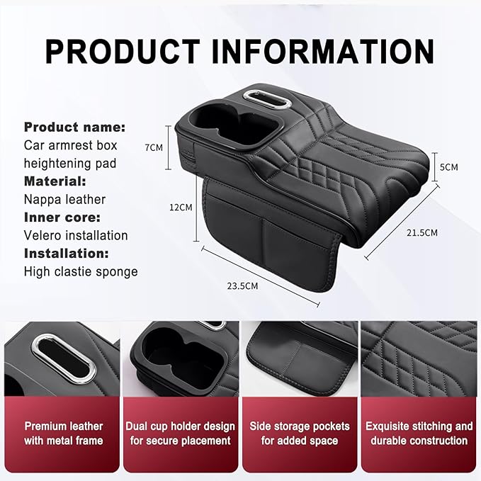 Car Armrest Storage Box for Cadillac XT4 2018–2025 2020 2021 2022 2023 2024, Sport-Style Center Console Organizer with Side Pocket, PU Leather Armrest Cushion, Elbow Support Pad,A Black