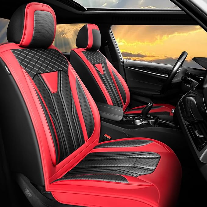 Fit Prius Car Seat Covers for Toyota Prius 2001-2025 2026 -Full Set Premium Leather, Waterproof, Breathable，All-Weather Seat Cushion Protecto & Airbag Compatible, 5-Seats Red & Black