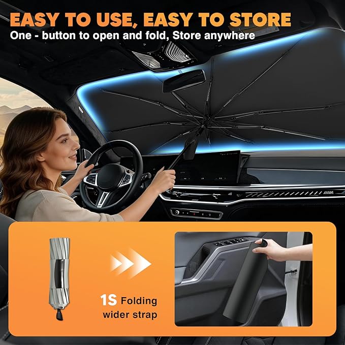 KUST Custom Fit Windshield Sun Shade Umbrella for Toyota Highlander 2014-2019 | Foldable Sunshade with Bendable Handle | Blocks Heat & UV Scratch Resistant Keep Cool Sunshield