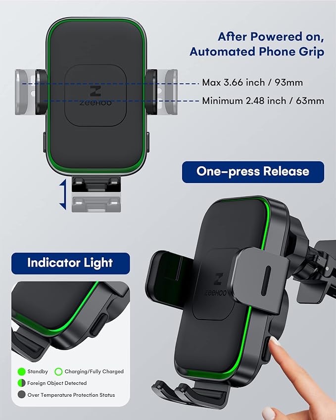 ZEEHOO Wireless Car Charger, DUOXX Dual Coils 15W Fast Charging Auto-Clamping Car Mount, Dashboard, Vent Charging Phone Holder for iPhone 17 16 15 14 13 12, S23 Ultra, Z Flip4 3, etc
