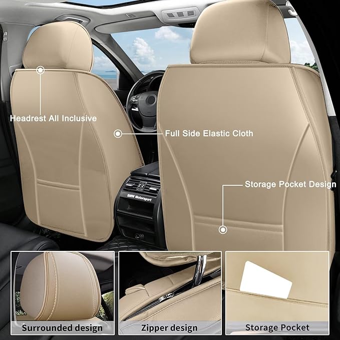 AOMSAZTO Full Set Fit for Toyota Tundra 2008-2025 Waterproof Leather Automotive Cushion Covers Seat Protector Airbag Compatible Truck Seat Covers (5 Seats,Beige)