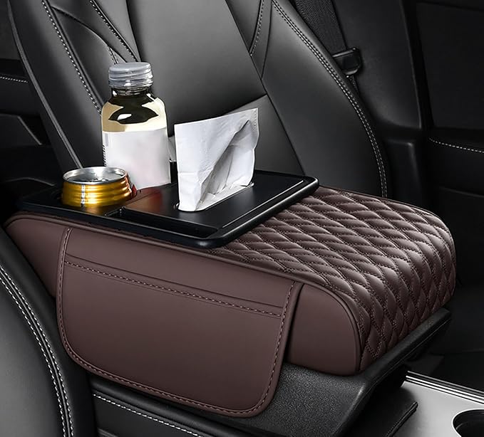 Car Armrest Center Console Cover for Genesis GV70 2021–2025, Center Console Pad with Cup Holder, Multifunctional Armrest Cushion,C Coffee