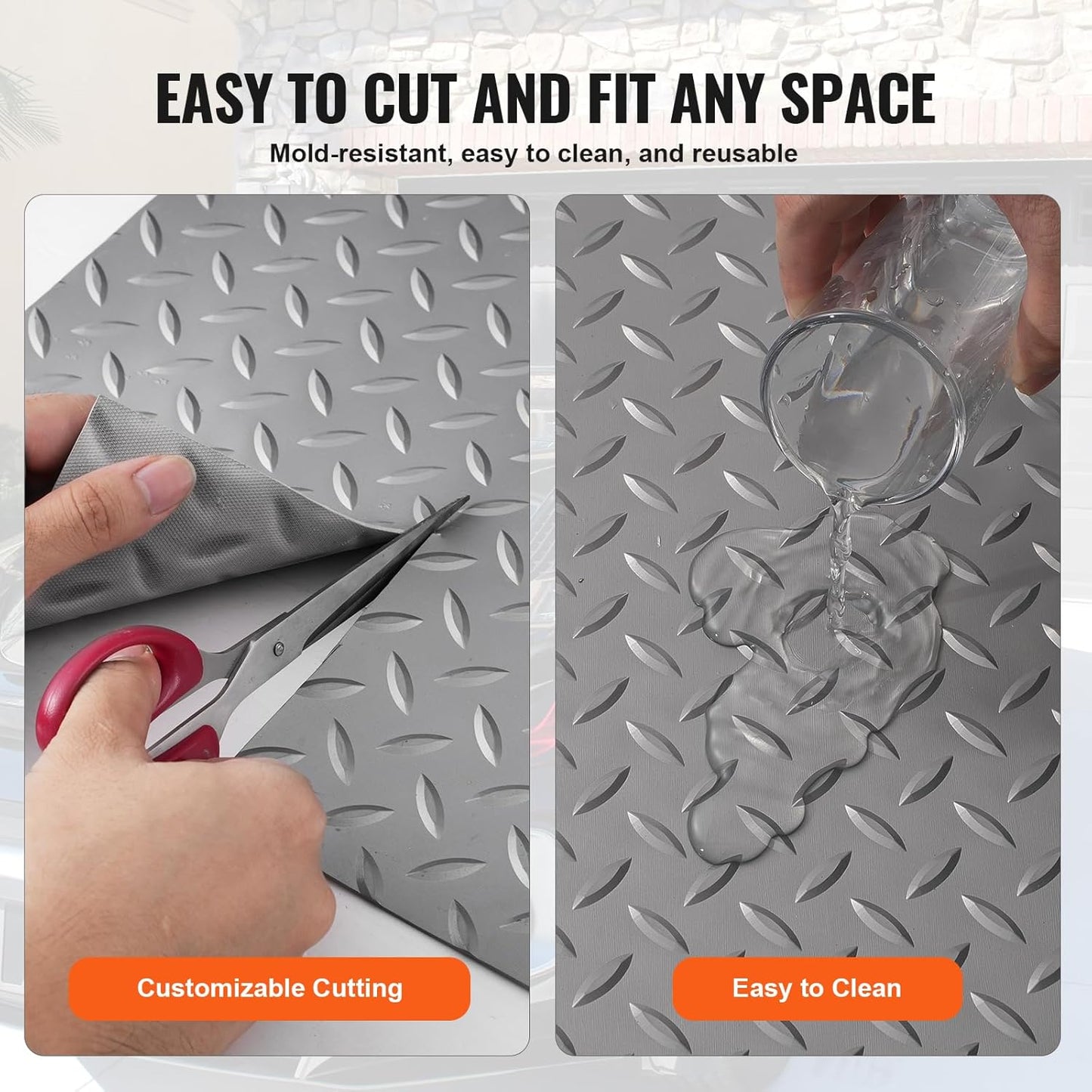 VEVOR Garage Floor Mat, 19 x 4.9 FT PVC Garage Flooring Roll, Non-Slip Diamond Texture, 93.65 sq.ft Covering Space, Garage Mats for Under Cars, for Gyms Boats Car Trailer, Gray
