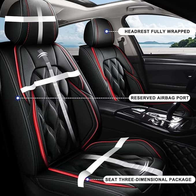 AOMSAZTO Front Seat Covers Fit for Kia Sportage 2009-2026 Waterproof Faux Leather Car Seat Cover Compatible with Airbag(2PCS Front, Black&Redline)
