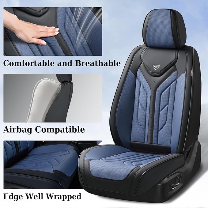 Coverado Car Seat Covers Full Set, Automotive Seat Covers Car Seat Protector Car Seat Cushion, Waterproof Leather Seat Covers for Cars, Universal Fit for Most Sedans SUV Pick-up Truck(Black&Blue)
