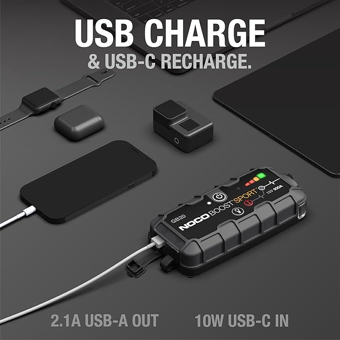 NOCO Boost GB20: 500A UltraSafe Jump Starter – 12V Lithium Battery Booster Pack, Portable Jump Box, Power Bank & Jumper Cables - for 4.0L Gas Engines