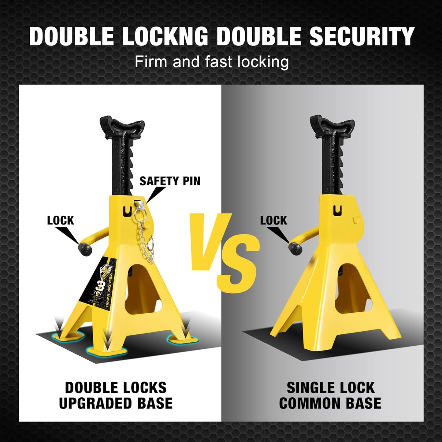 YELLOW JACKET Car Jack Stands 3 Ton with Double Locking and Large Foot Base for Lifting SUVS, Heavy Duty Steel, 6600 lb Capacity, 1 Pair, Yellow