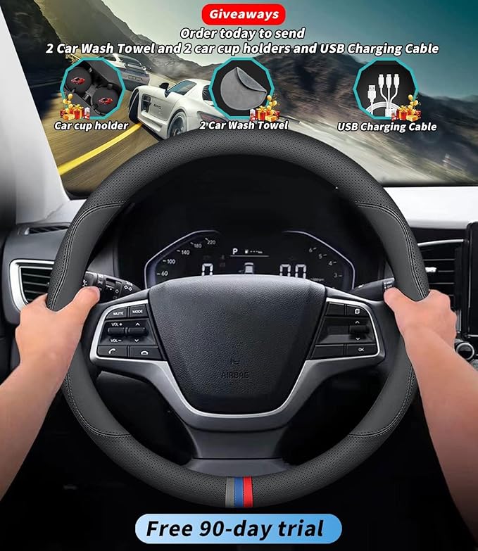 Custom-Fit for BMW Steering Wheel Cover, Premium Leather Car Steering Wheel Cover with Logo, Non-Slip, Breathable, for B-MW Accessories (D-Style,for BMW)