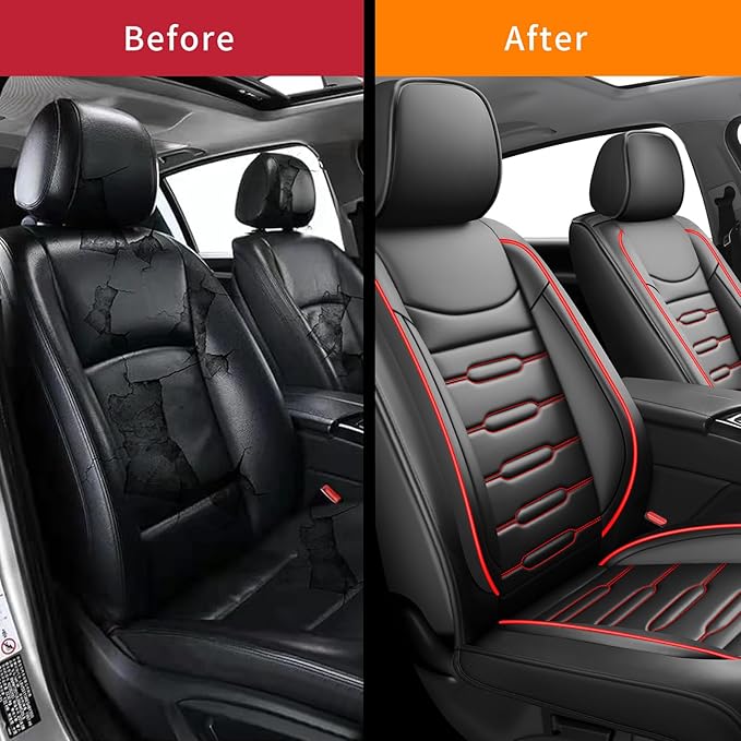 Fit Santa Fe Car Seat Covers for Hyundai Santa Fe 2007-2025 2026 - Upgraded Premium Waterproof & Breathable Leather, Airbag Compatible, All-Weather Seat Cushion Protector(2 Front/Black+Red)