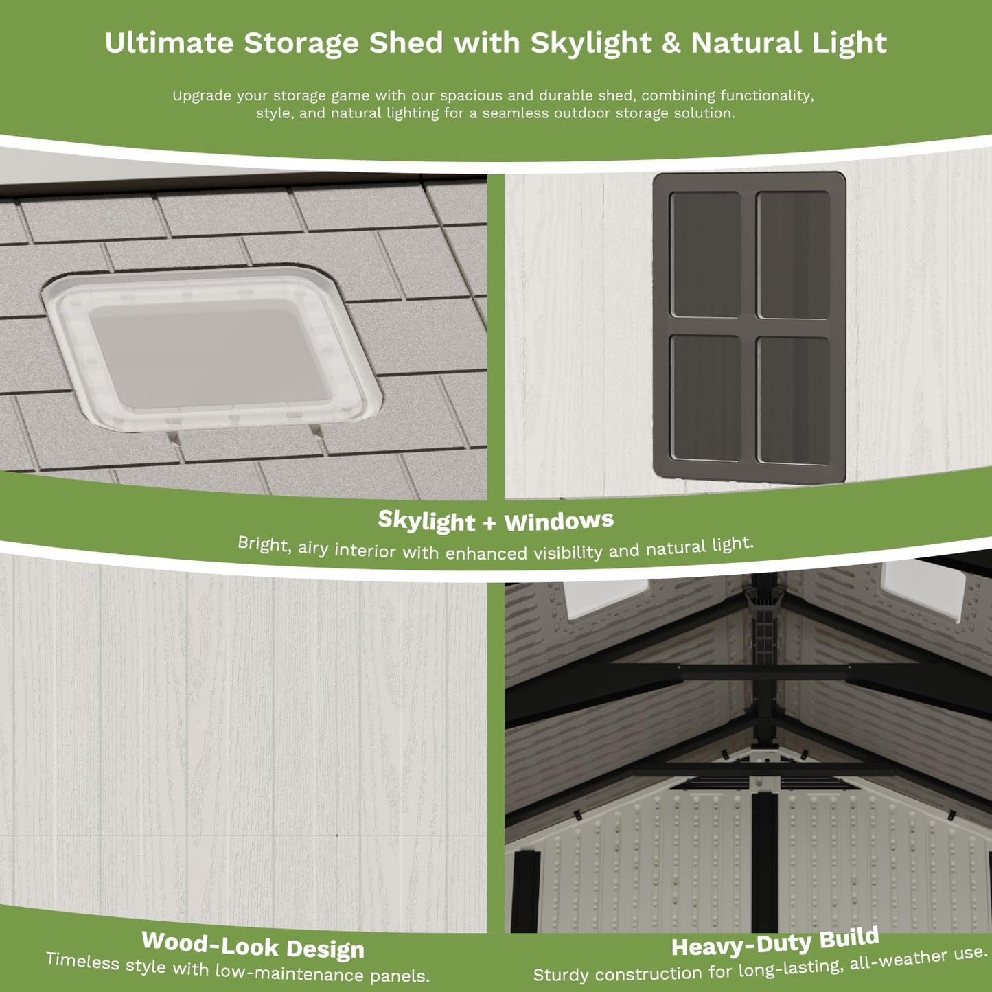 Patiowell 10x10 FT Outdoor Storage Shed, Plastic Shed with Floor and Skylight, Four-Window Resin Storage Shed with Lockable Door for Garden, Patio, Backyard, Beige