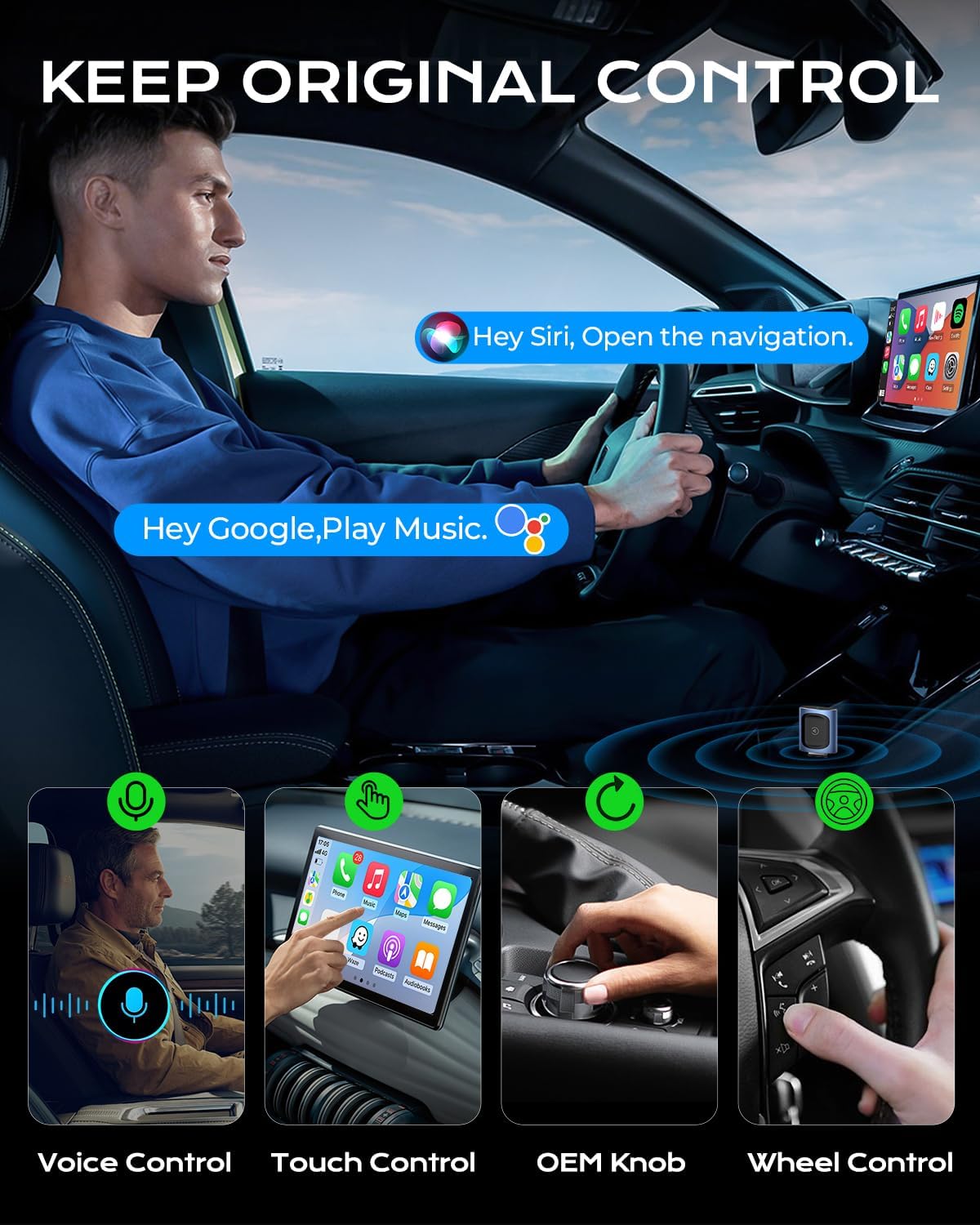 AuroraLink Wireless Carplay & Android Auto Adapter 2-in-1 Stable & No Delay Carplay Wireless Adapter Convert Wired to Wireless Car Play Dongle for iOS 10+/Android 11+ (Blue)