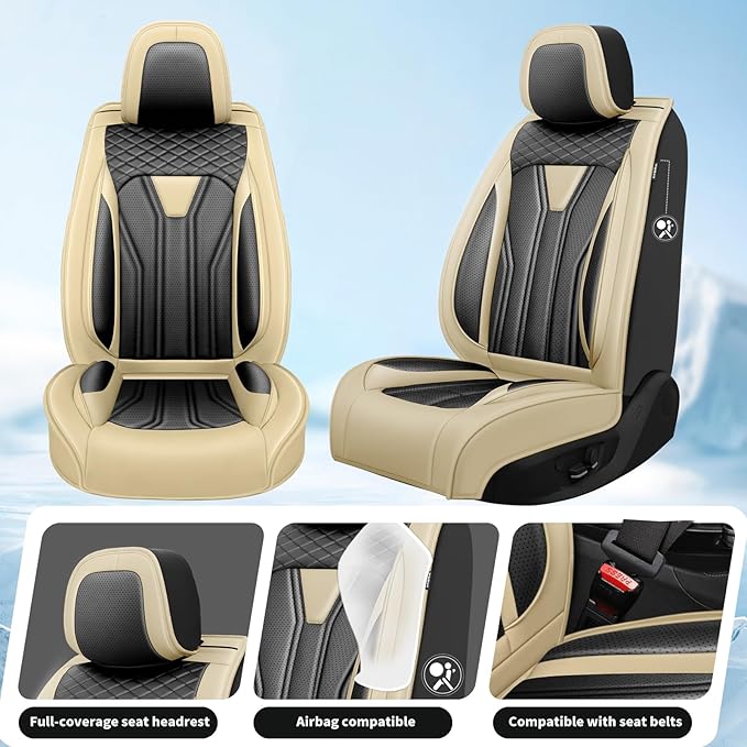 Fit Kicks Car Seat Covers Premium Leather Compatible with Nissan Kicks 2018 2019-2026 (5 Seats Full Set Waterproof Breathable All-Weather Seat Cushion Protector（5 Seats Beige & Black)