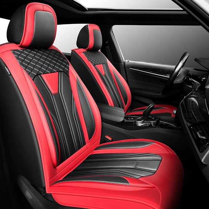 Fit Rogue Car Seat Covers Compatible with Nissan Rogue 2011-2025 2026 - Premium Leather， Waterproof Breathable， All-Weather Seat Cushion Protecto&Airbag Compatible (2 Front Seat Red&Black)