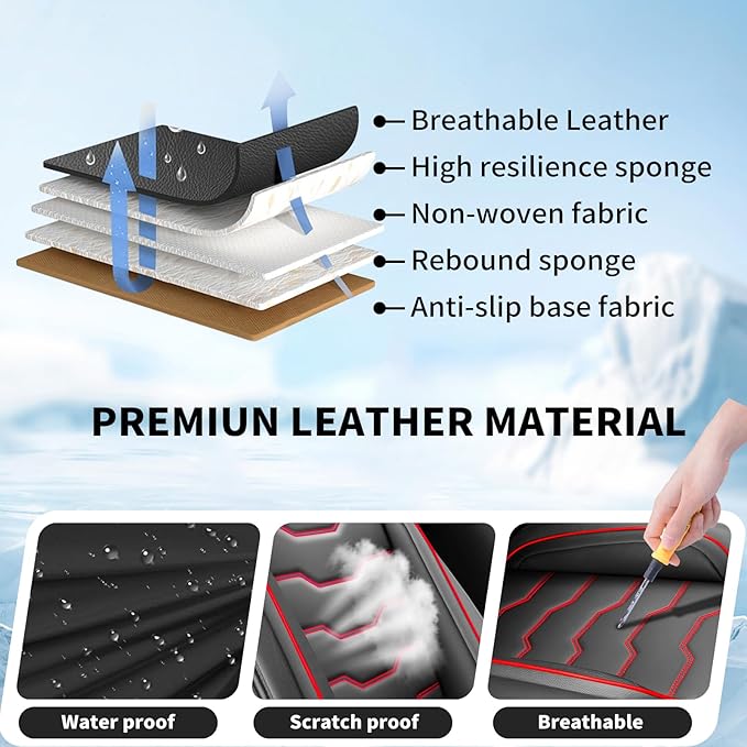 Fit Kicks Car Seat Covers Premium Leather Compatible with Nissan Kicks 2018 2019-2026 (5 Seats Full Set Waterproof Breathable All-Weather Seat Cushion Protector（5 Seats Red Line Black)