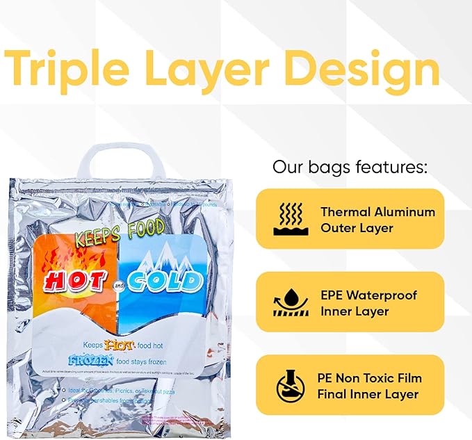 Superio Hot and Cold Insulated Bags for Food Delivery, Grocery Shopping Bags, Food Storage for Hot and Frozen Food for Travel, Disposable Cooler Bag, Reinforced Thermal Lunch Bag (2, 16"x19.25")
