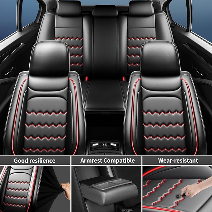 Car Seat Covers Compatible with Mazda 6 2007-2021, Full Coverage Premium Leather Waterproof Breathable Seat Covers, Automotive Seat Protectors, Airbag Compatible(Full Set Seats, Black & Red)