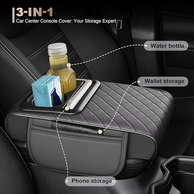 Center Console Cover Fit for Venza Faux Leather Car Armrest Cushion with Storage Bags, Cup Holder ＆ Phone Storage Multifunctional Middle Console Cover(Grey)