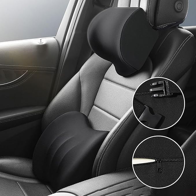 Car Headrest & Lumbar Support Cushion for Dodge Ram 1500 2019-2025, Ergonomic Car Seat Headrest Memory Foam Neck and Back Pillow Kit Breathable Removable for Driving Fatigue Relief,A/Black
