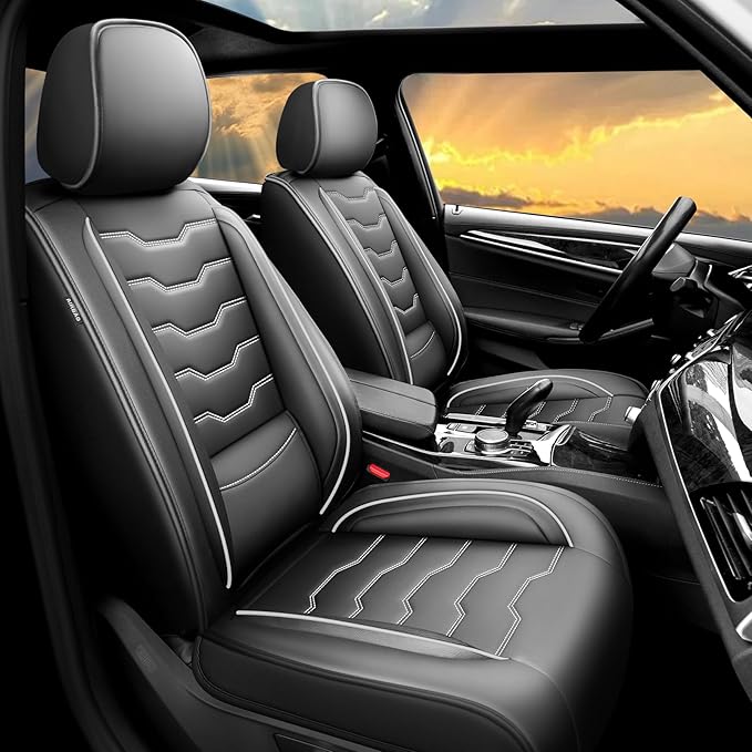 Fit Sonata Car Seat Covers Premium Leather for Hyundai Sonata 2007-2025 2026. Waterproof， Breathable, Scratch-Resistant & All-Weather Seat Cushion Protector（Full Set,White Line Black