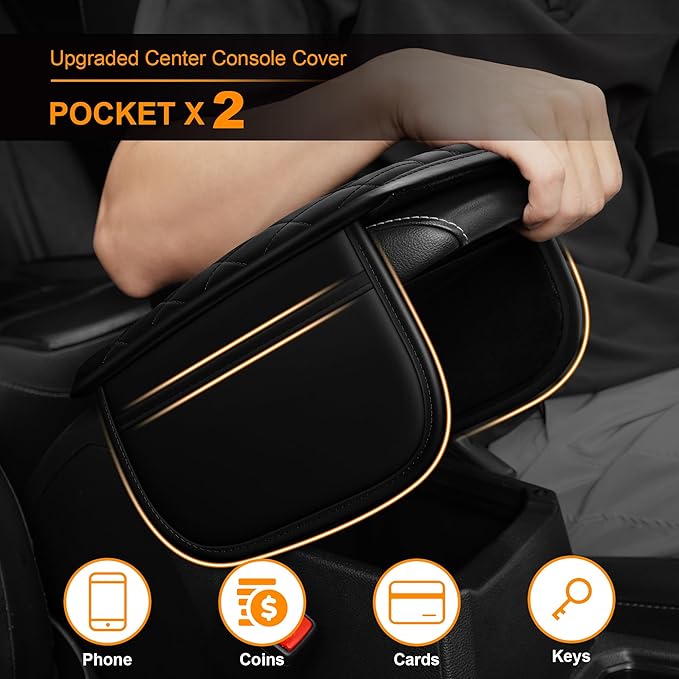 Center Console Cover for Cars Fit for Jeep Compass Leather Armrest Covers with 2 Storage Bags(Black)