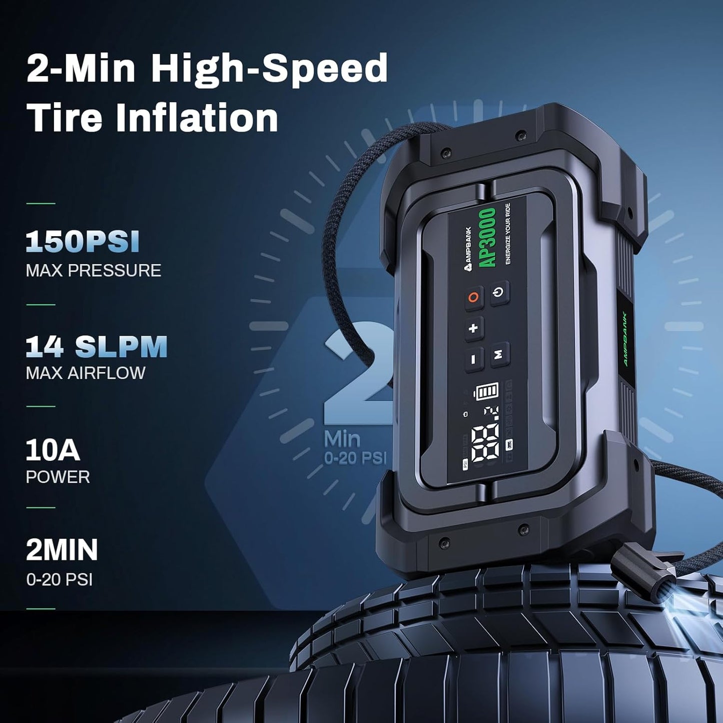 Jump Starter with Air Compressor, 3000A Portable Car Jump Starter with 150PSI Digital Tire Inflator, 12V Car Battery Booster Pack with LED Lighting, LCD Display
