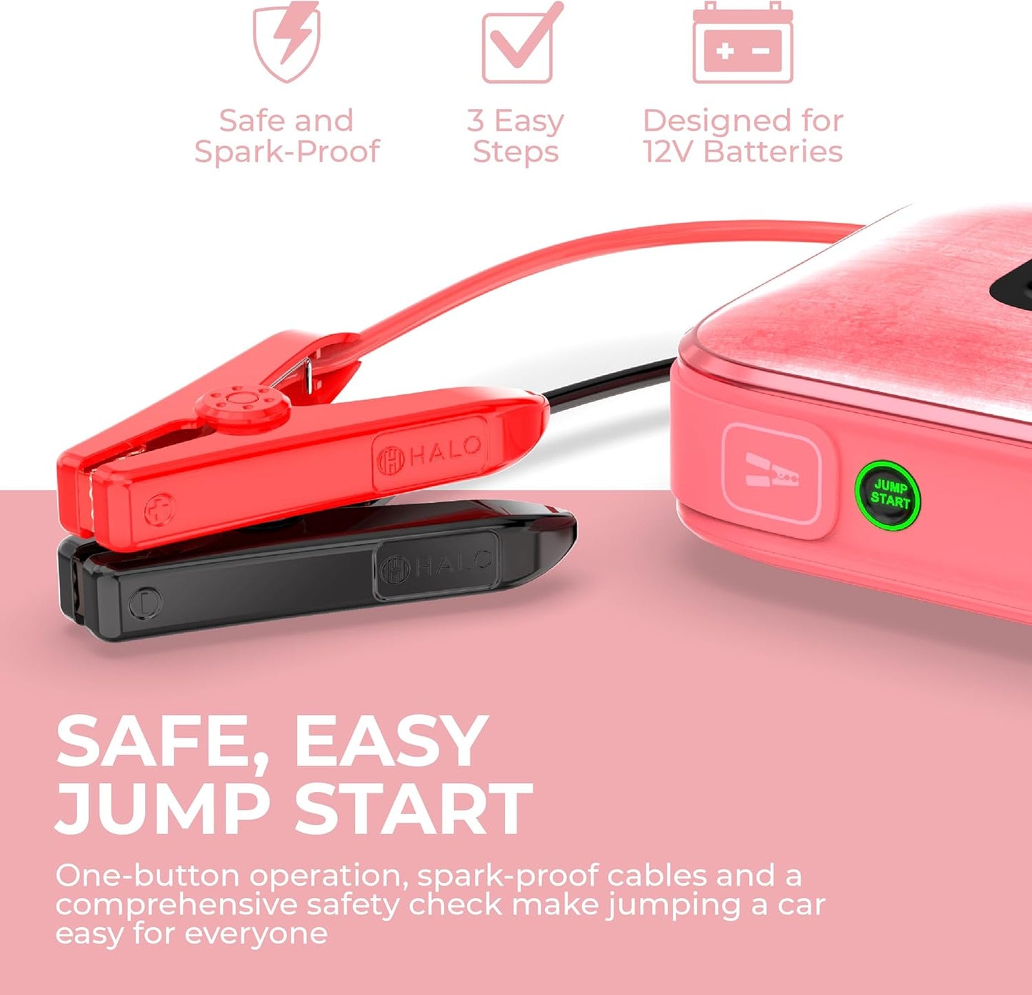 HALO Bolt Ultimate 3 Portable Car Battery Jump Starter | 130 PSI Air Compressor, 55.5Wh USB Power Bank, Large Display, Emergency Floodlight & Charger, Jumps Cars SUVs & Trucks, Inflates Tires — Rose
