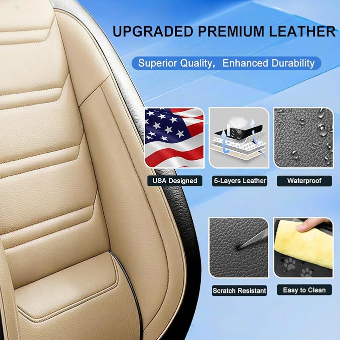 Fit Tahoe Car Seat Covers for Select Chevrolet/Chevy Tahoe 2000-2025 2026 - Full Coverage Leather, Waterproof & All Weather Seat Cushion Protector, Full Set, Black+Beige