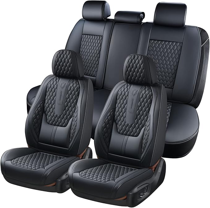 Coverado Car Seat Covers Full Set, Black Seat Covers for Car with Lumbar Support, Nappa Leather Seat Covers Waterproof Car Seat Protectors Universal Fit for Most Cars SUV Trucks