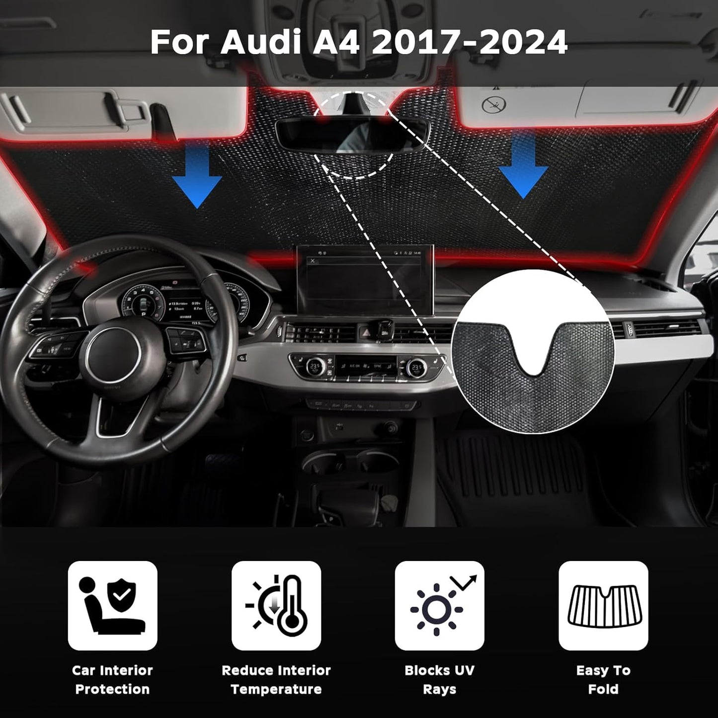 Windshield Sun Shade for Audi A4 2017-2024 - 5-Layer Bubble Foldable Front Window Shade Sun Visor Accessories - Blocks Heat & UV Rays