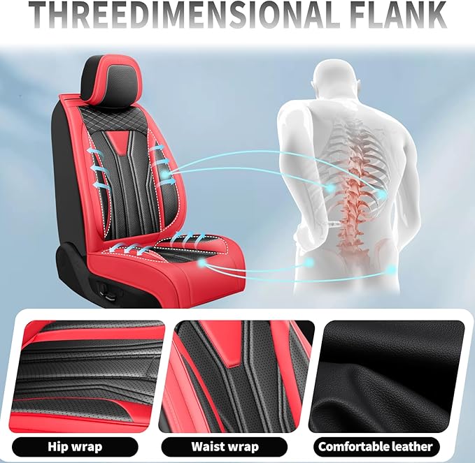 Fit Leaf Car Seat Covers Compatible with Nissan Leaf 2012-2025 2026 - Premium Leather， Waterproof Breathable， All-Weather Seat Cushion Protecto&Airbag Compatible (2 Front Seat Red&Black)