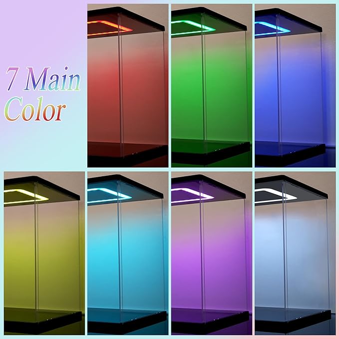 Clear Acrylic Display Case with Light for Miniature House Building Sets, Multiple Color Lights Dustproof Protection Display Box for Collectibles Action Figures（11.4×9.4×9.8inch）